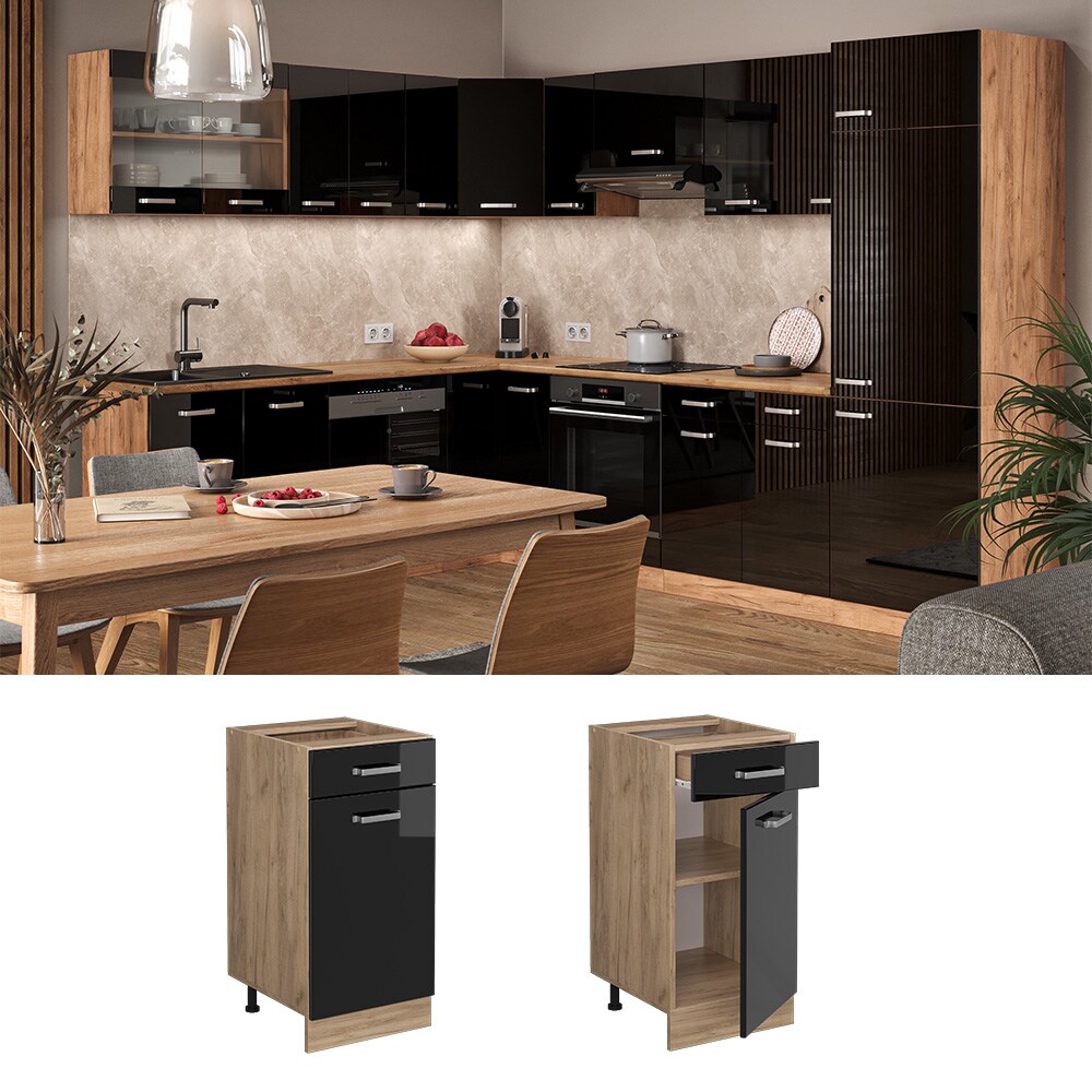 Vicco Schubunterschrank K&uuml;chenschrank R-Line Solid Eiche Schwarz 40 cm modern - Bild 1