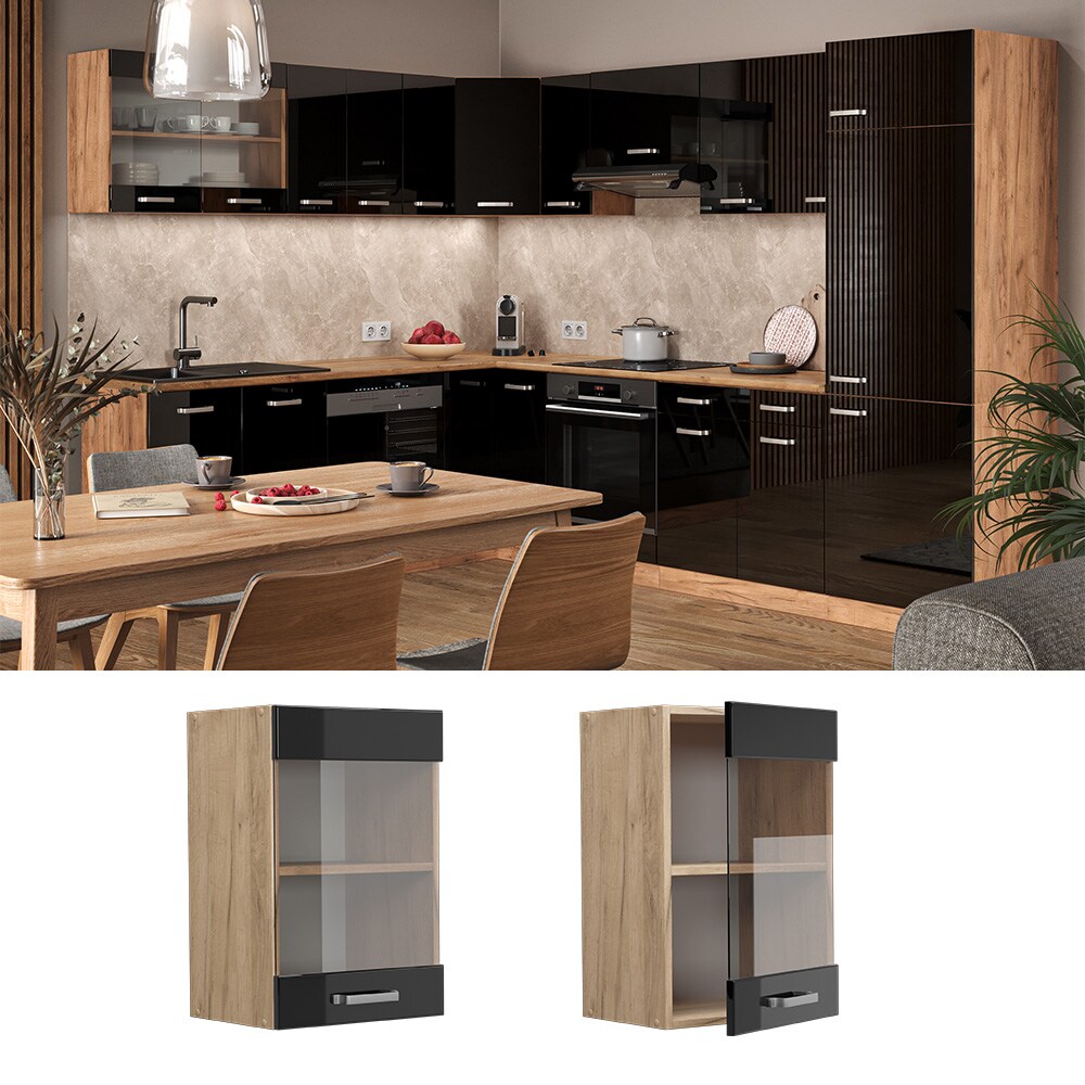 Vicco Glash&auml;ngeschrank K&uuml;chenschrank R-Line Solid Eiche Schwarz 40 cm modern - Bild 1