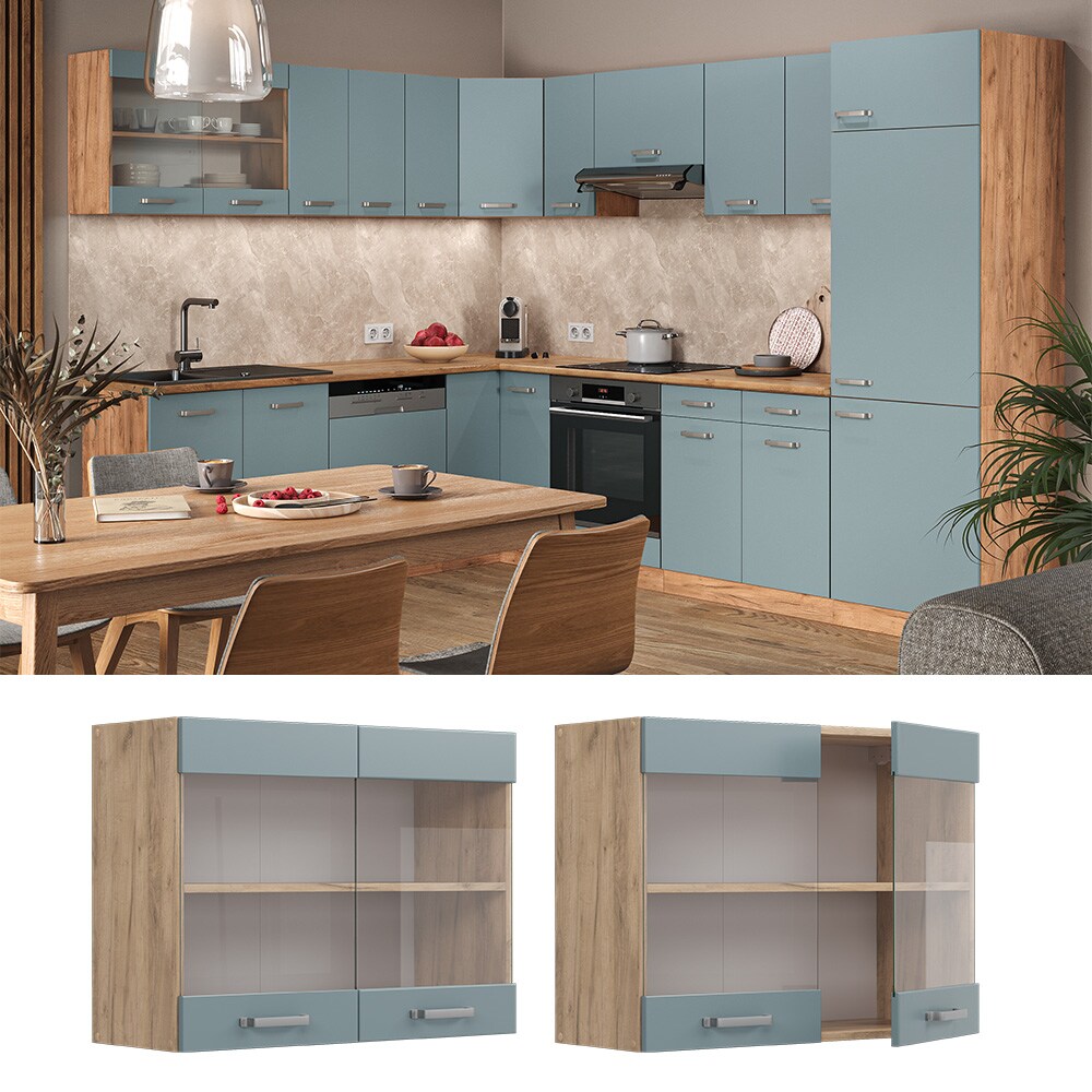 Vicco Glashängeschrank Küchenschrank R-Line Solid Eiche Blau Grau 80 cm modern