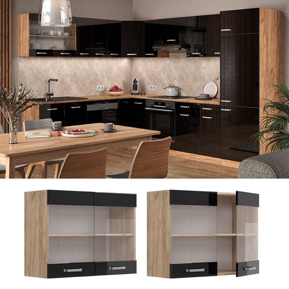 Vicco Glashängeschrank Küchenschrank R-Line Solid Eiche Schwarz 80 cm modern