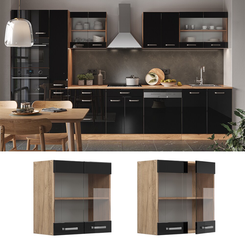 Vicco Glashängeschrank Küchenschrank R-Line Solid Eiche Schwarz 60 cm modern