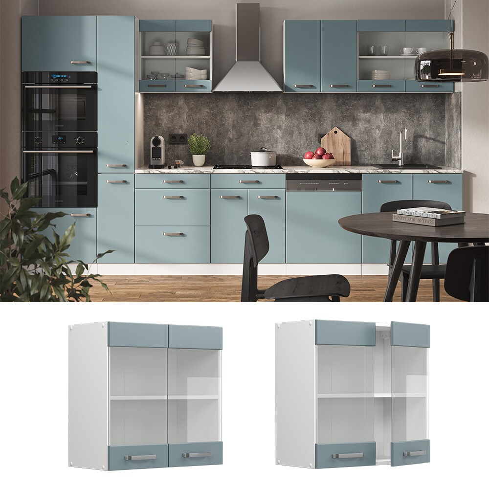 Vicco Glash&auml;ngeschrank K&uuml;chenschrank R-Line Solid Wei&szlig; Blau Grau 60 cm modern - Bild 1