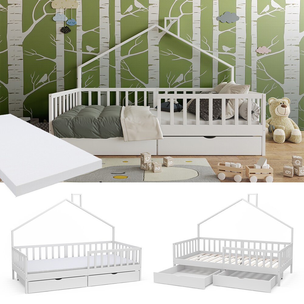 Vicco Hausbett Kinderbett Justus Wei&szlig; 90 x 200 cm mit Schublade & Matratze - Bild 1