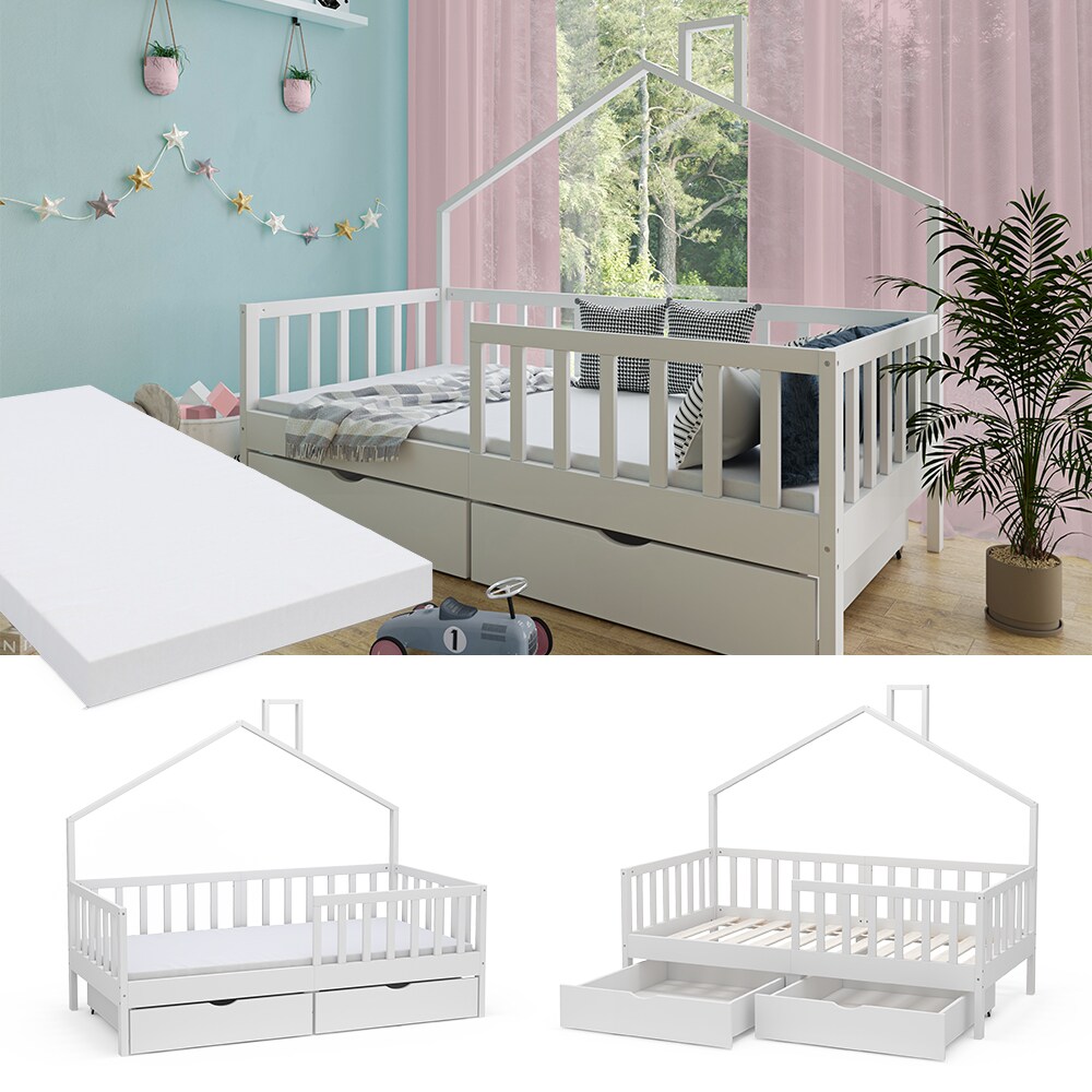 Vicco Hausbett Kinderbett Justus Wei&szlig; 80 x 160 cm mit Schublade & Matratze - Bild 1