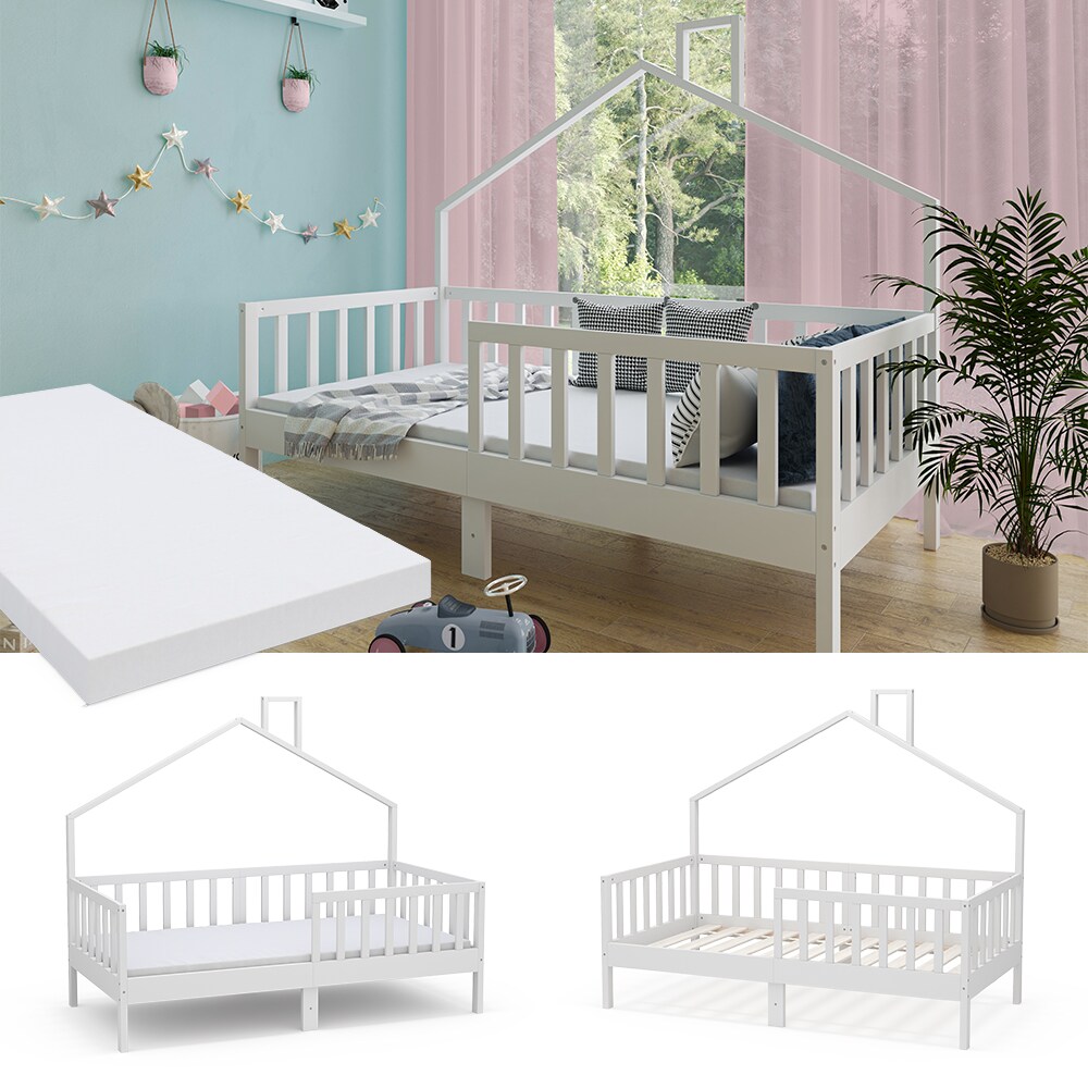 Vicco Hausbett Kinderbett Justus Wei&szlig; 80 x 160 cm mit Matratze modern - Bild 1
