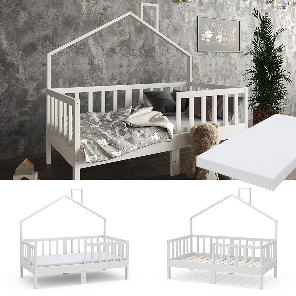 Vicco Hausbett Kinderbett Justus Wei&szlig; 70 x 140 cm mit Matratze modern - Bild 1