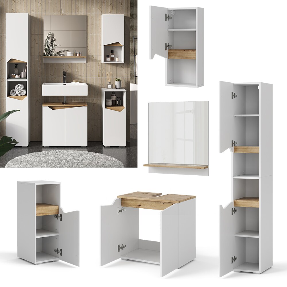 Vicco Badm&ouml;bel-Set Marelle Wei&szlig; Artisan moderne Serie Badezimmer dekorative Front Waschtischunterschrank Badspiegel Midischrank H&auml;ngeschrank Hochschrank - Bild 1