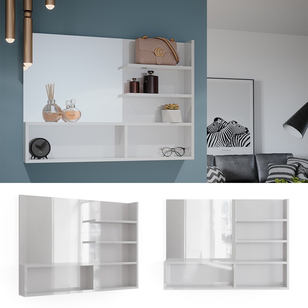 Vicco Spiegelregal Weiß Hochglanz 89,8 x 65 cm, moderner Badspiegel mit Ablagen | 04066731346172