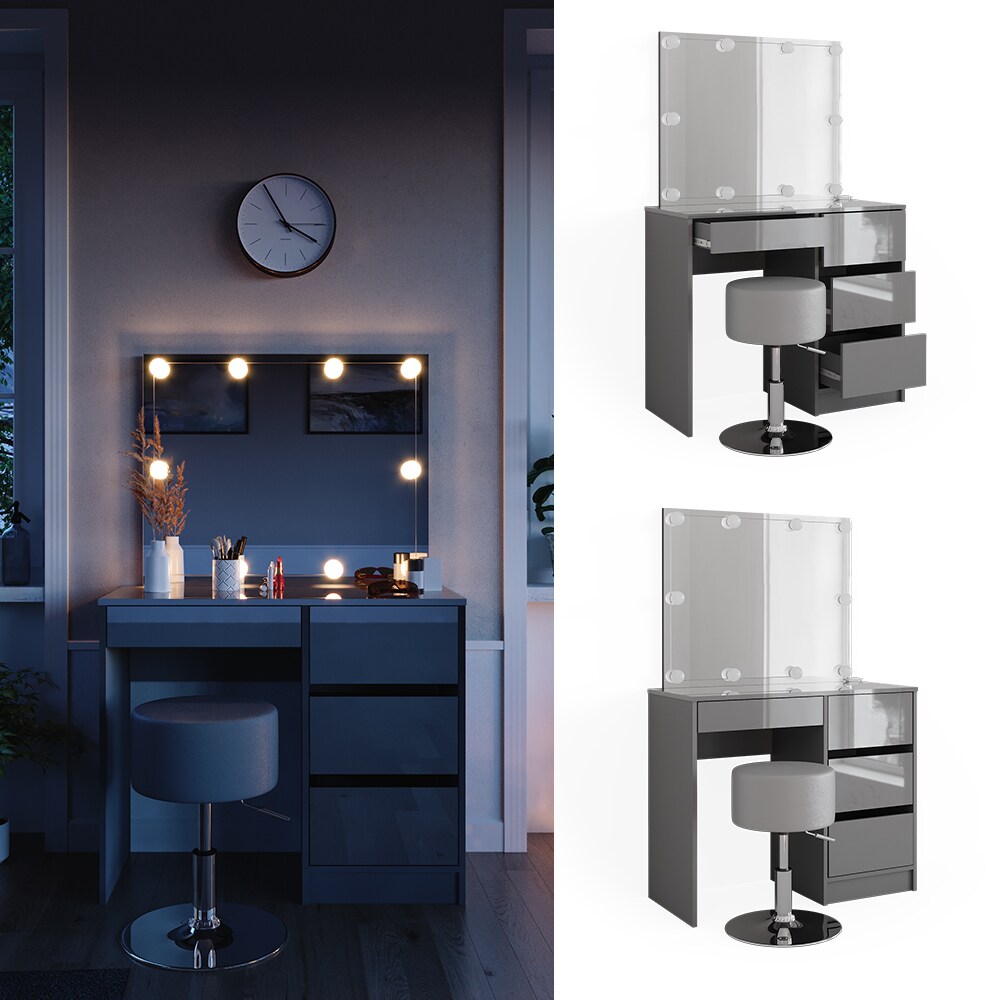 Vicco Schminktisch Sherry Grau Hochglanz, 90 x 75 cm, Spiegel, LED & Hocker - Bild 1