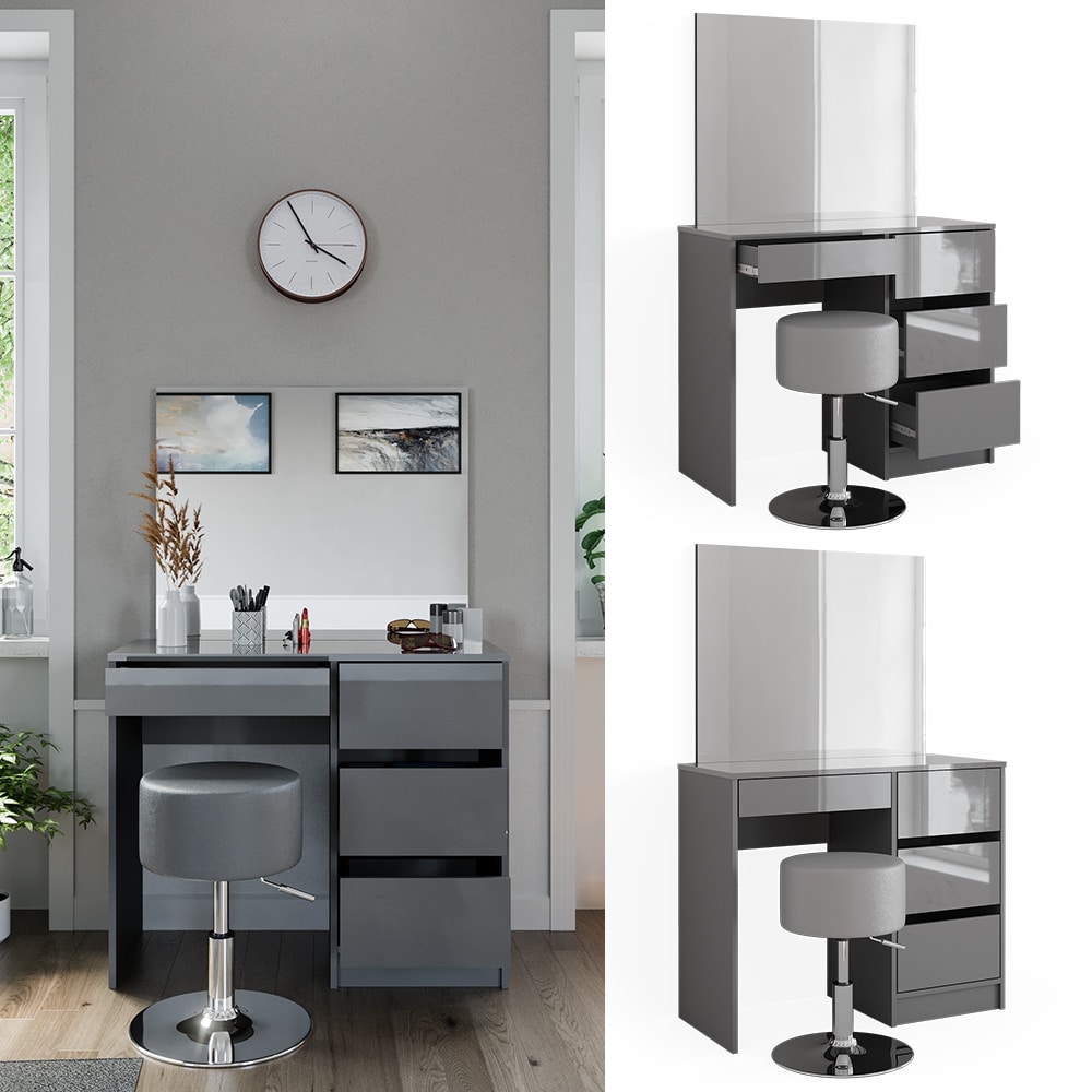 Vicco Schminktisch Sherry Grau Hochglanz, 90 x 75 cm, Spiegel, Hocker, Frisiertisch - Bild 1