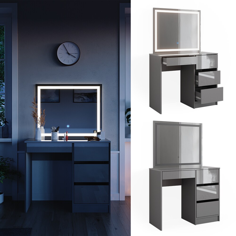 Vicco Schminktisch Sherry Grau Hochglanz 90 x 75 cm LED-Spiegel, Frisiertisch - Bild 1