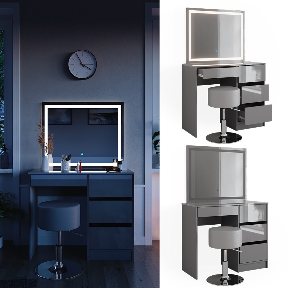 Vicco Schminktisch Sherry Grau Hochglanz 90 x 75 cm LED-Spiegel & Hocker Frisiertisch | 04066731346165