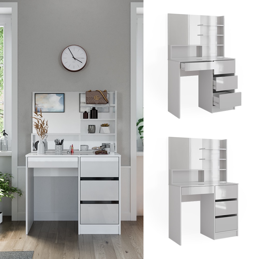 Vicco Schminktisch Sherry Wei&szlig; Hochglanz 90 x 75 cm Spiegel Regal Frisiertisch - Bild 1