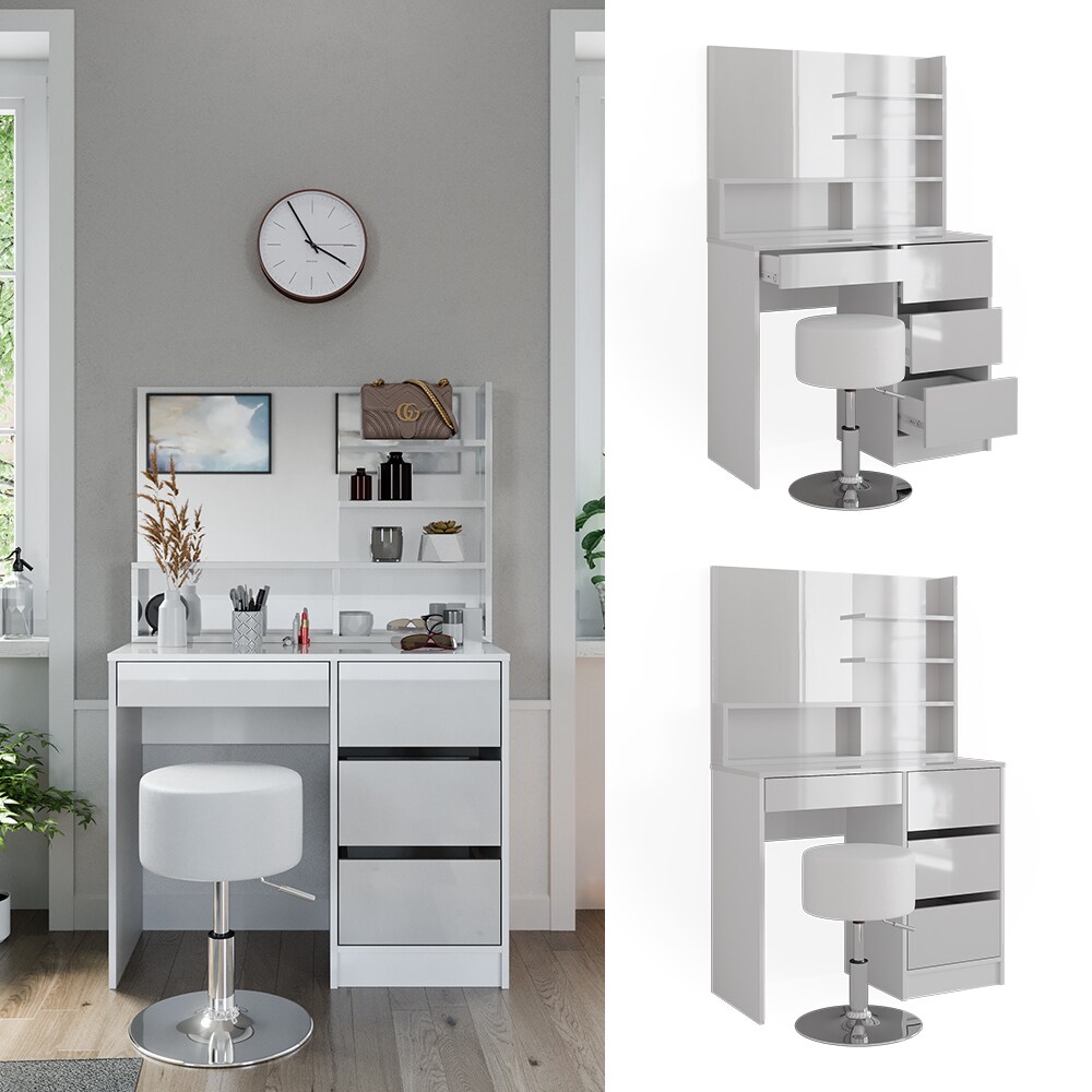Vicco Schminktisch Sherry Weiß Hochglanz 90 x 75 cm Spiegel Regal Hocker modern | 04066731346240