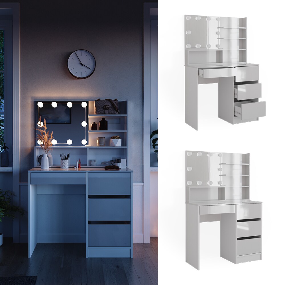 Vicco Schminktisch Sherry Wei&szlig; Hochglanz 90 x 75 cm Spiegel Regal LED modern - Bild 1