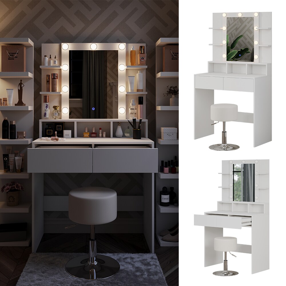 Vicco Schminktisch Taylor 80 x 146,5 cm Weiß modern LED Spiegel Hocker Frisiertisch | 04066731351169