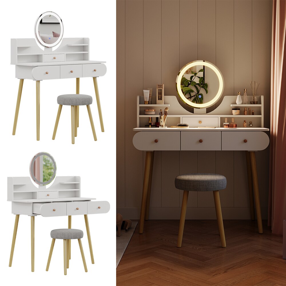 Vicco Schminktisch Edda LED-Spiegel Hocker 100 x 76 cm Weiß Frisiertisch modern | 04066731351176