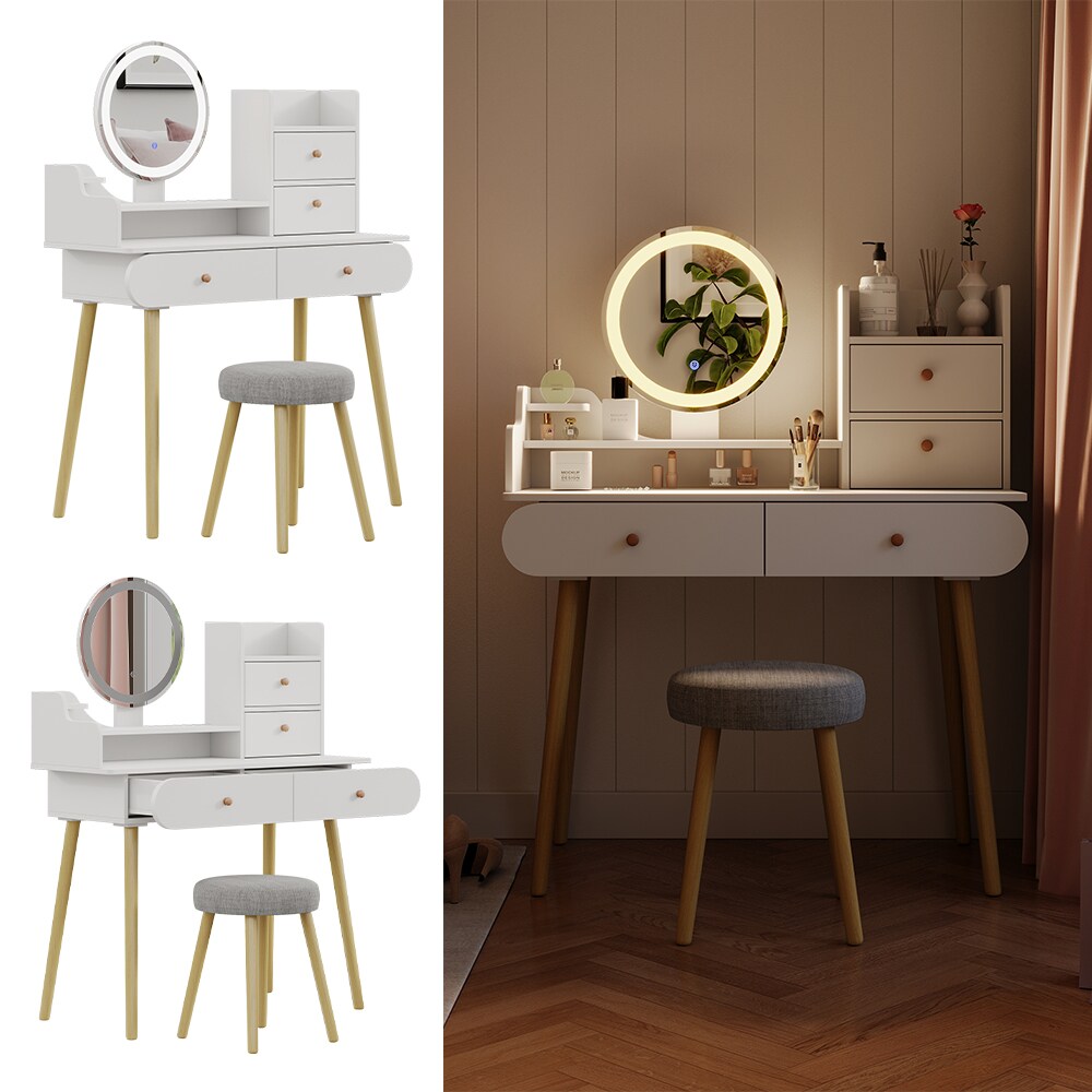 Vicco Schminktisch Edda LED-Spiegel Hocker 100 x 76 cm Weiß Frisiertisch modern | 04066731351183