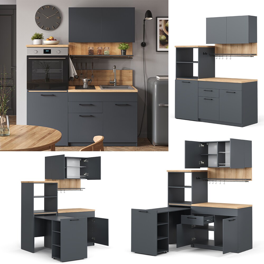 Vicco Singleküche Küchenzeile Egbert Anthrazit Eiche 160 cm modern ausziehbarer Tisch | 04066731353132