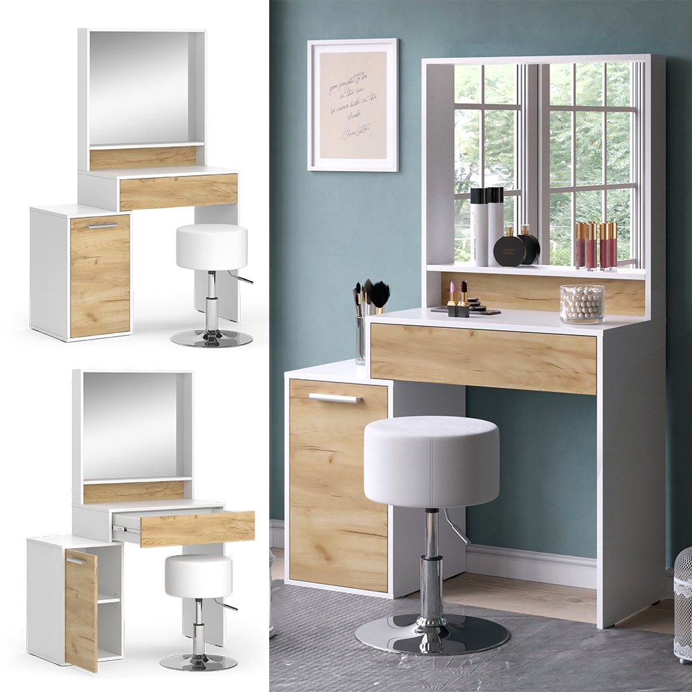 Vicco Schminktisch Altea 95 x 145 cm Wei&szlig; Eiche Frisiertisch Spiegel Hocker - Bild 1