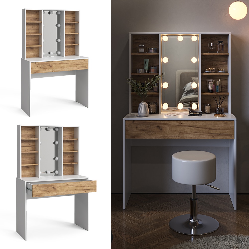 Vicco Schminktisch Alexa 93 x 147 cm Wei&szlig; Eiche LED-Lampen Frisiertisch modern - Bild 1