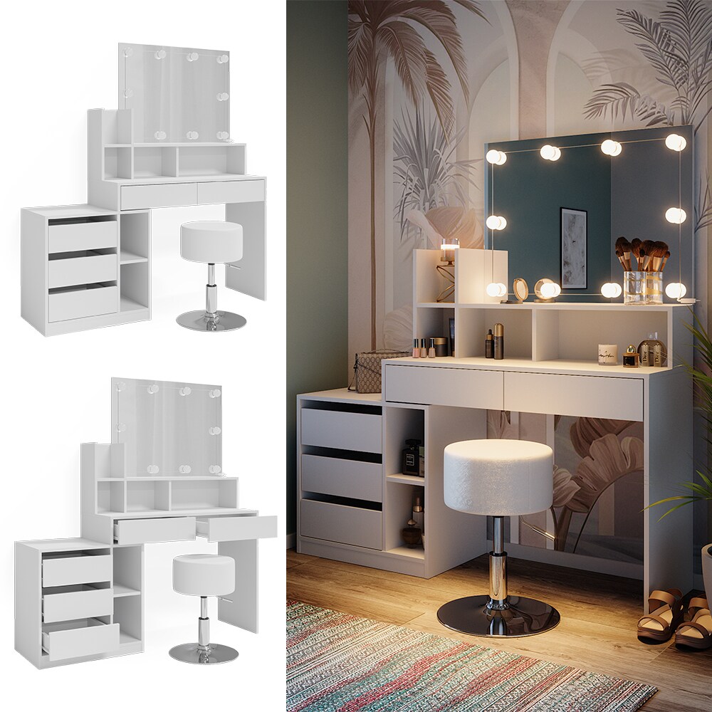 Vicco Schminktisch Anja 139,8 x 115 cm Wei&szlig; Spiegel Hocker LED Frisiertisch - Bild 1