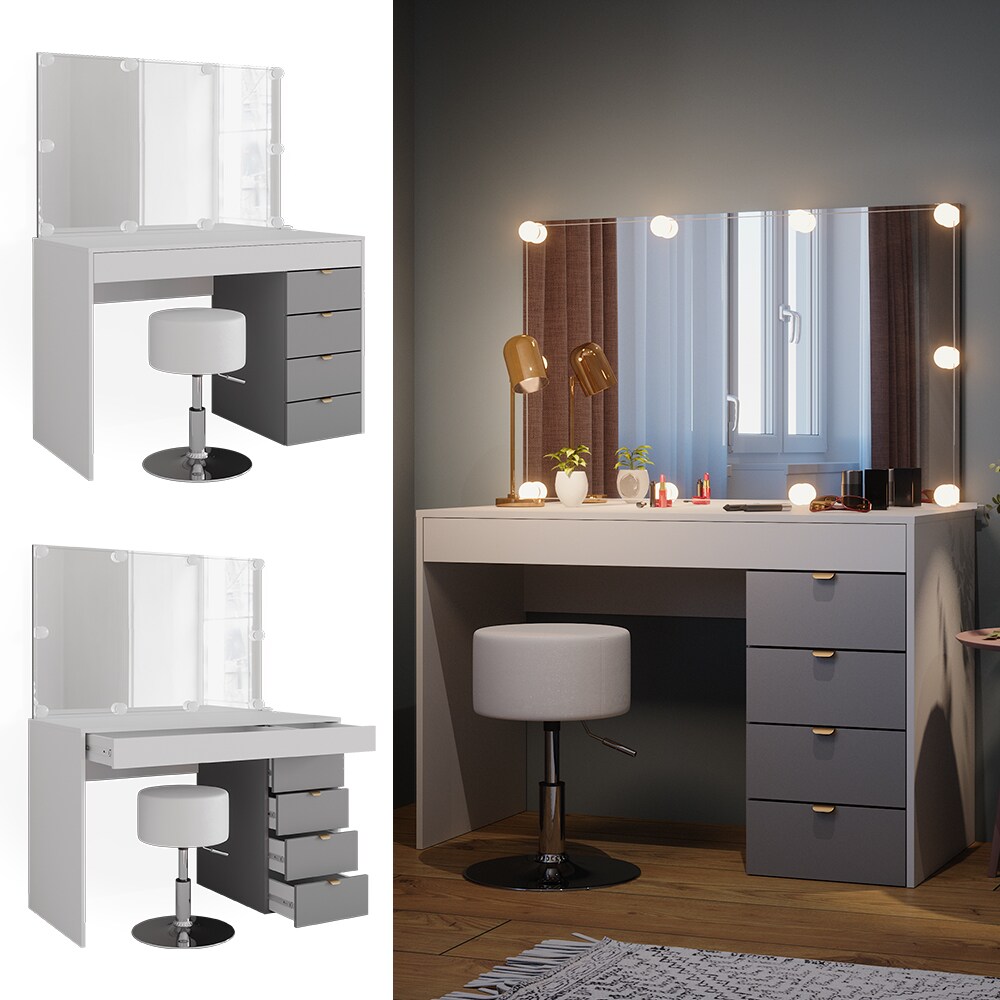 Vicco Schminktisch Elise Wei&szlig; Grau 115 x 76 cm modern Frisiertisch Schubladen Spiegel Hocker LED-Beleuchtung - Bild 1