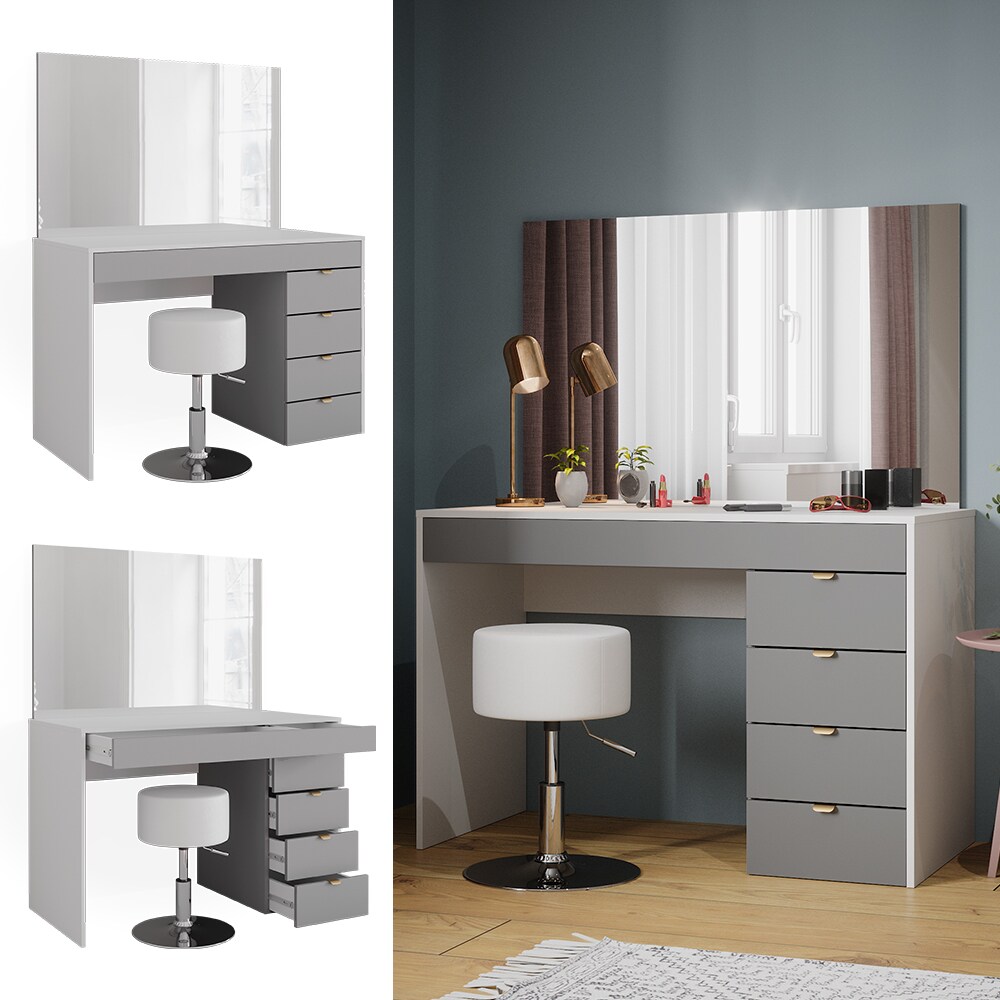 Vicco Schminktisch Elise Wei&szlig; Grau 115 x 76 cm modern Frisiertisch Schubladen Spiegel Hocker - Bild 1
