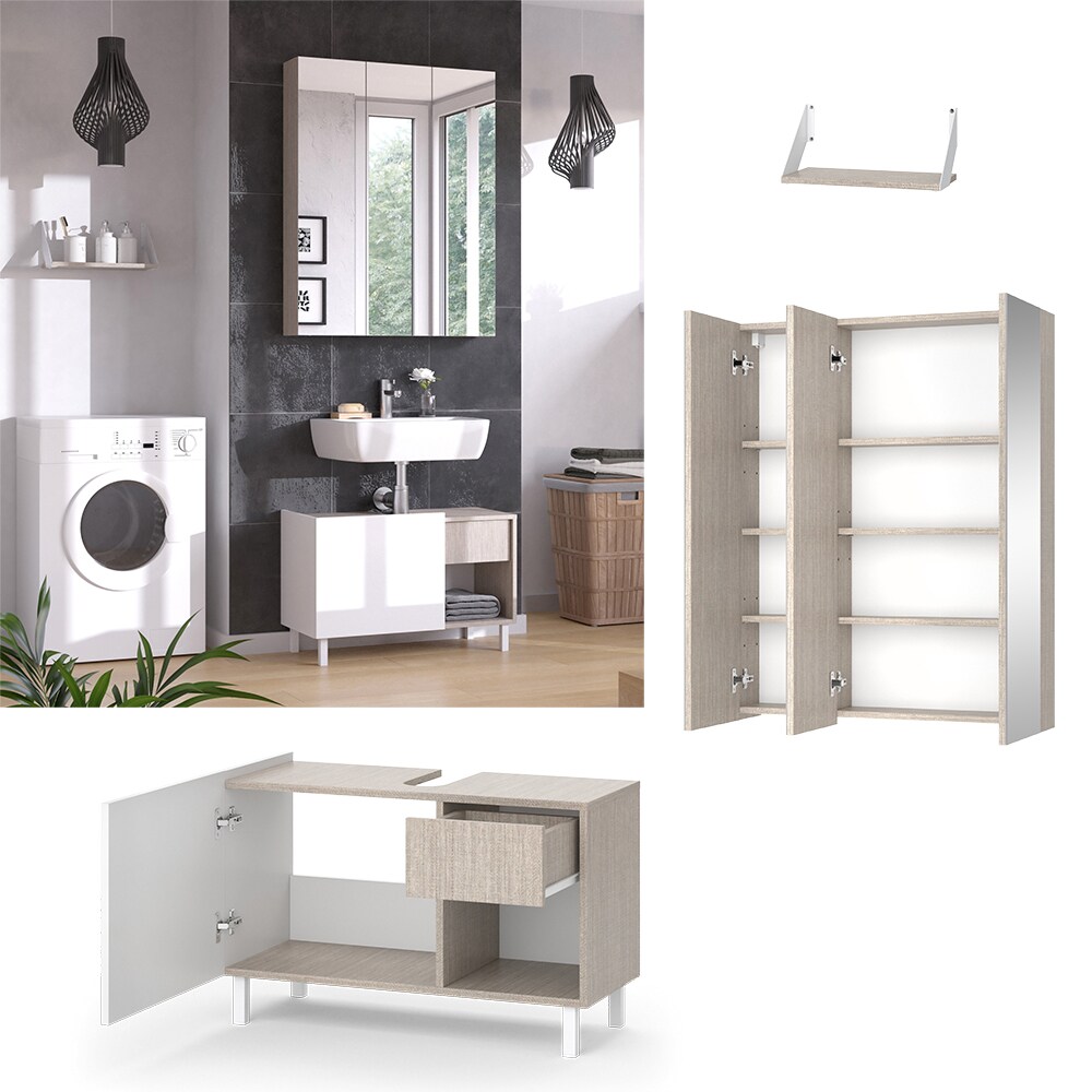 Vicco Badm&ouml;bel-Set Arianna Greige Wei&szlig;, modernes Design, Badezimmer Spiegelschrank Waschtischunterschrank Wandregal - Bild 1