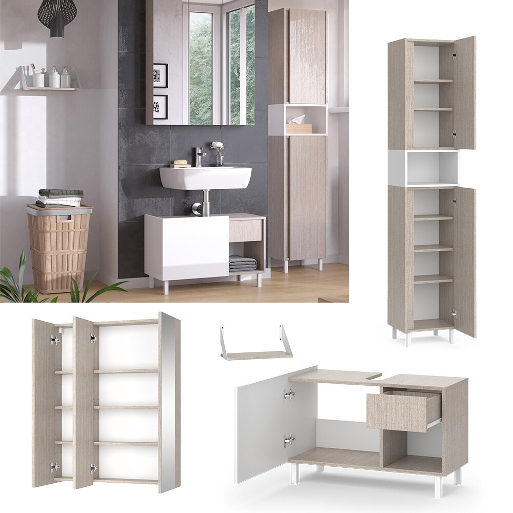 Vicco Badm&ouml;bel-Set Arianna Greige Wei&szlig;, modernes Design, Badezimmer Spiegelschrank Waschtischunterschrank Wandregal Hochschrank - Bild 1