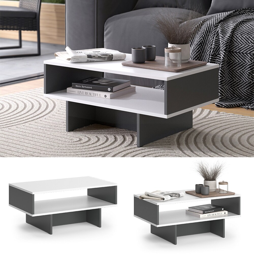 Vicco Couchtisch Josef Anthrazit Wei&szlig; 80 x 35 cm Wohnzimmertisch mit Regal modern - Bild 1