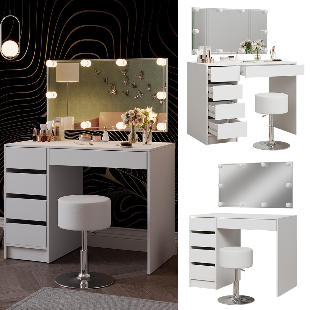 Vicco Schminktisch Thalia Weiß Hochglanz 100 cm mit LED-Beleuchtung und Hocker | 04066731366217