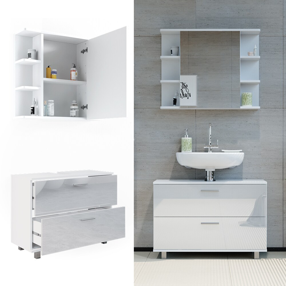 Vicco Badmöbel-Set Ilias Weiß Hochglanz modern Waschtischunterschrank Spiegelschrank