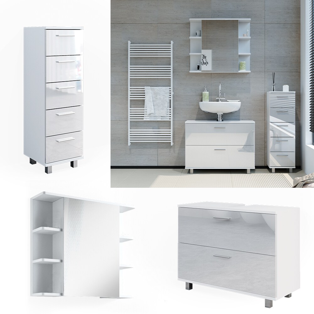 Vicco Badmöbel-Set Ilias Weiß Hochglanz modern Waschtischunterschrank Spiegelschrank Midischrank