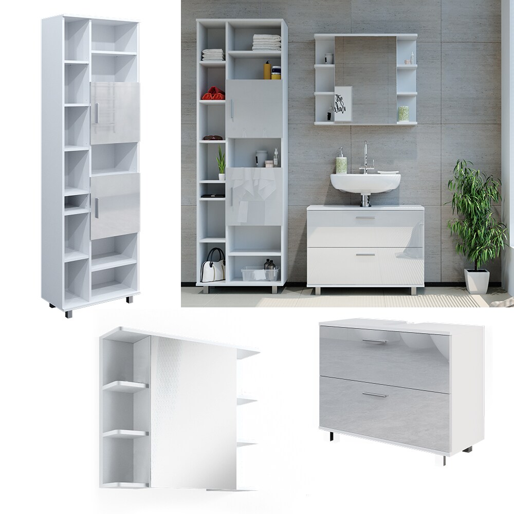 Vicco Badmöbel-Set Ilias Weiß Hochglanz modern Waschtischunterschrank Spiegelschrank Hochschrank