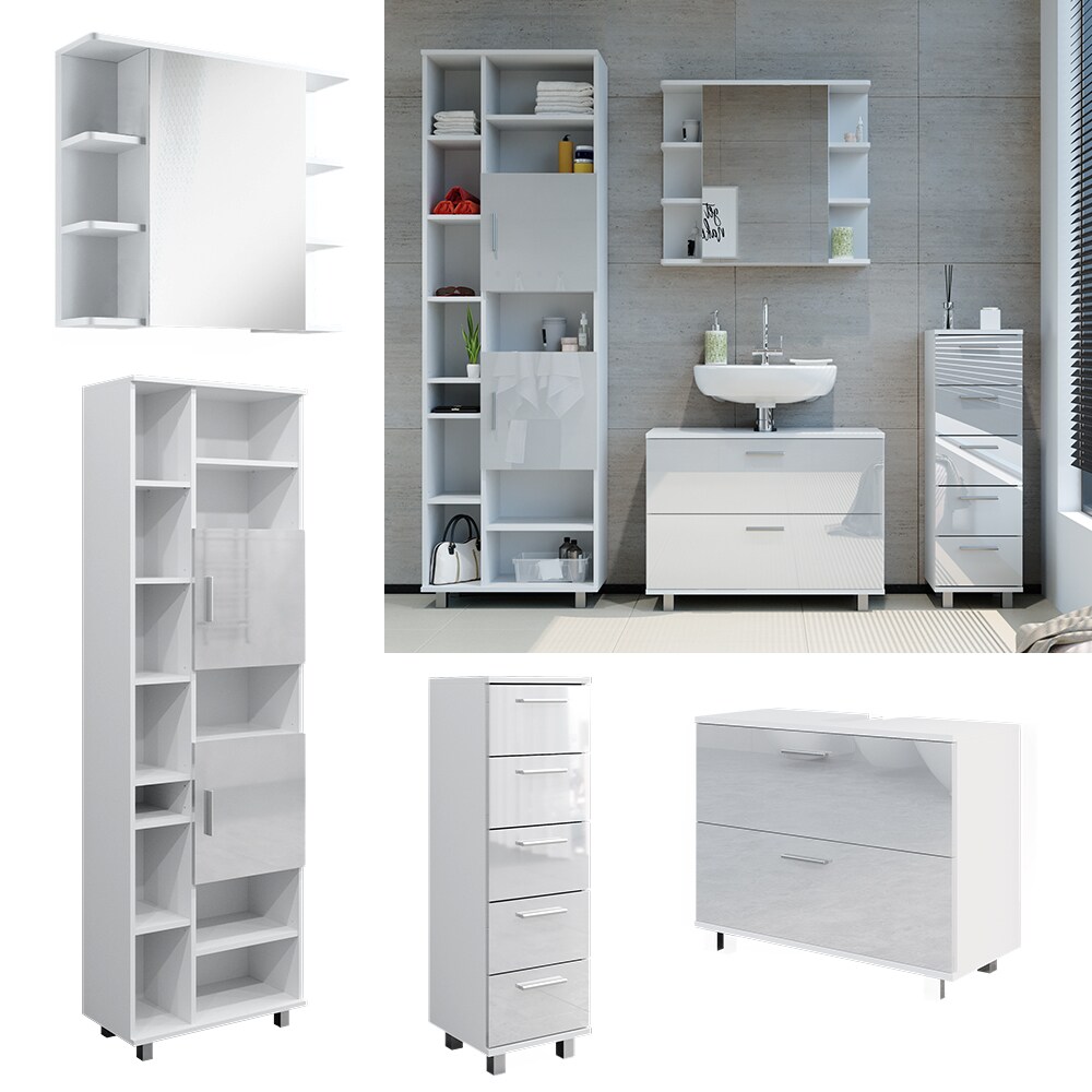 Vicco Badmöbel-Set Ilias Weiß Hochglanz modern Waschtischunterschrank Spiegelschrank Midischrank Hochschrank | 04066731353002