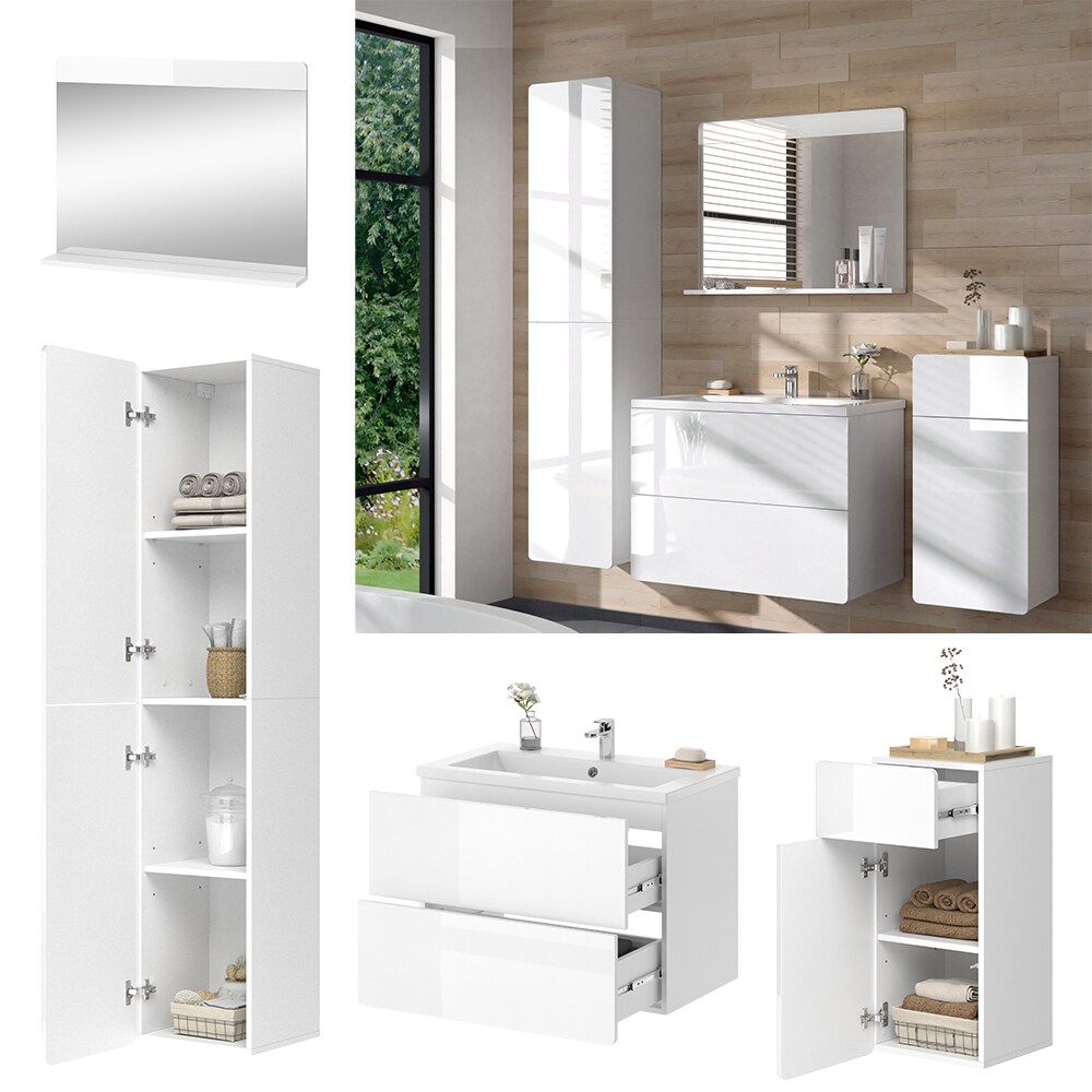 Vicco Badmöbel-Set Izan Weiß Hochglanz modern Waschtischunterschrank Waschbecken Badspiegel Midischrank Hochschrank | 04066731353095