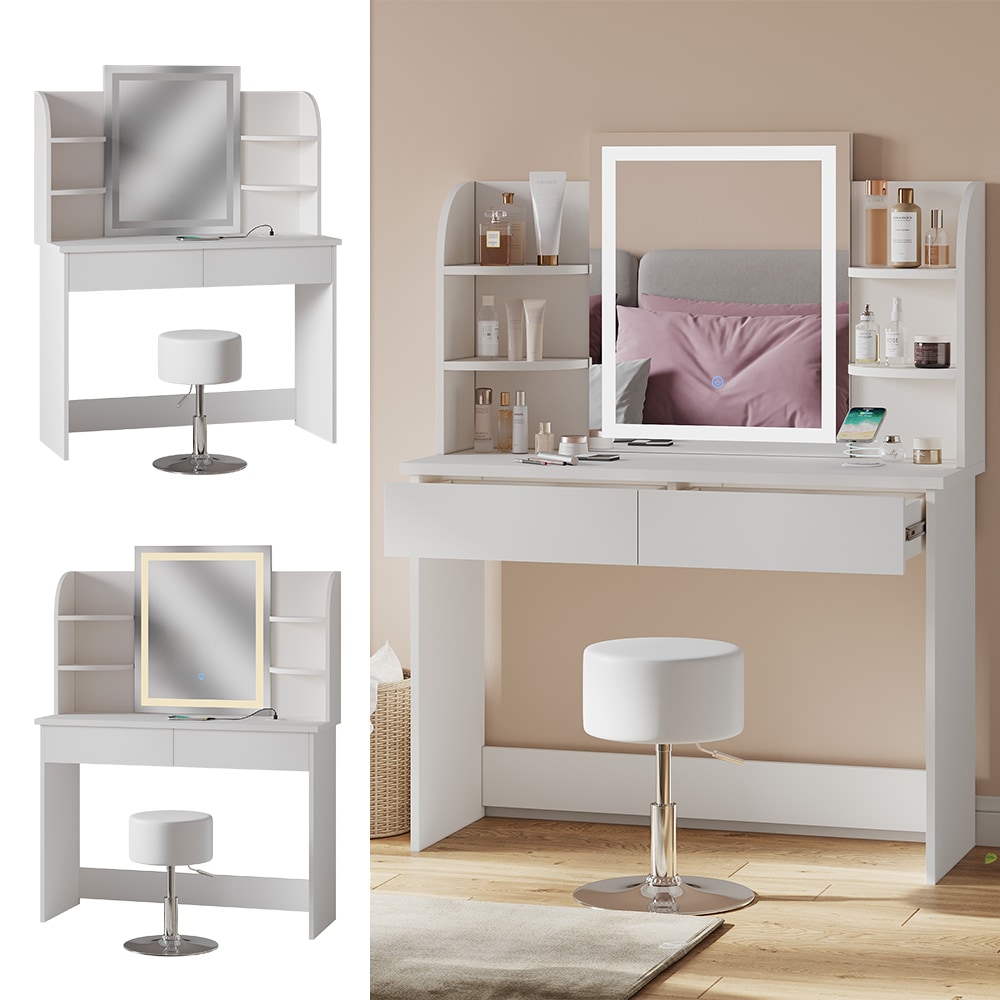 Vicco Schminktisch Charlotte Wei&szlig; 106 cm mit LED-Spiegel QI-Ladestation und Hocker - Bild 1