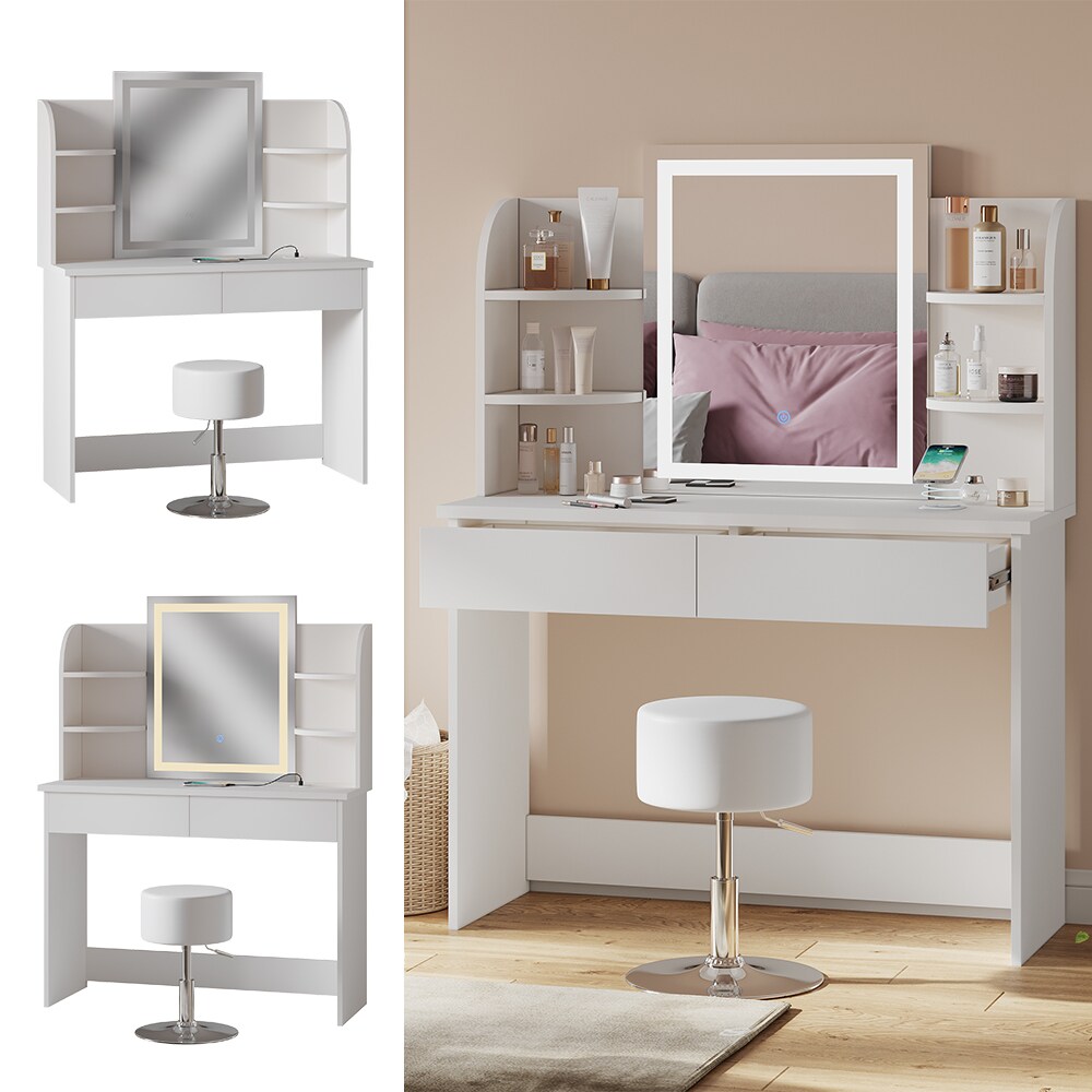 Vicco Schminktisch Charlotte Weiß 106 cm mit LED-Spiegel QI-Ladestation und Hocker | 04066731405695