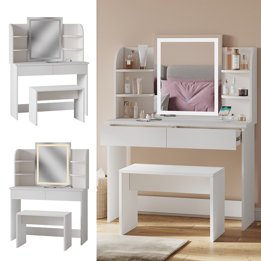 Vicco Schminktisch Charlotte Weiß 106 cm mit LED-Spiegel QI-Ladestation und Bank | 04066731405701