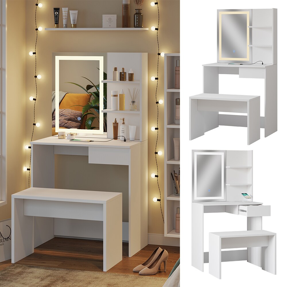 Vicco Schminktisch Dekos Wei&szlig; 75 cm mit LED-Spiegel QI-Ladestation und Bank - Bild 1