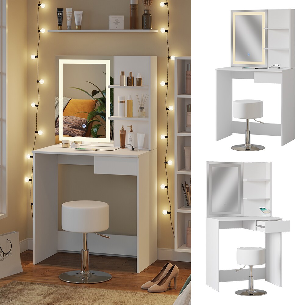 Vicco Schminktisch Dekos Wei&szlig; 75 cm mit LED-Spiegel QI-Ladestation und Hocker - Bild 1