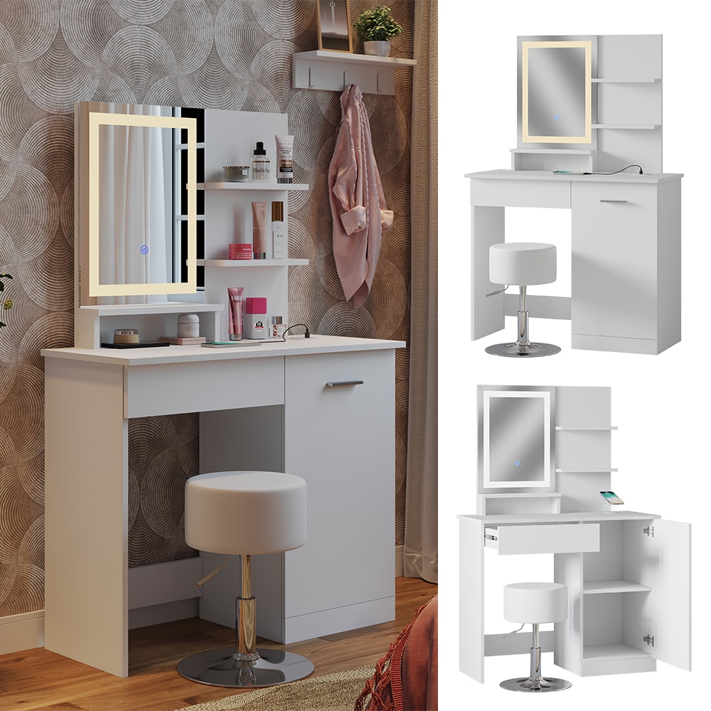 Vicco Schminktisch Julia 90 cm mit LED-Spiegel, QI-Ladeger&auml;t und Hocker - Bild 1
