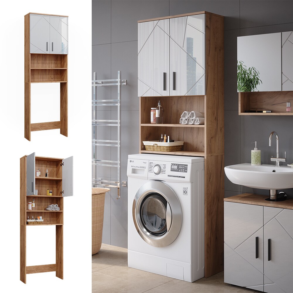 Vicco Waschmaschinenschrank Irma Eiche Weiß Hochglanz 64 x 191 cm Badezimmer