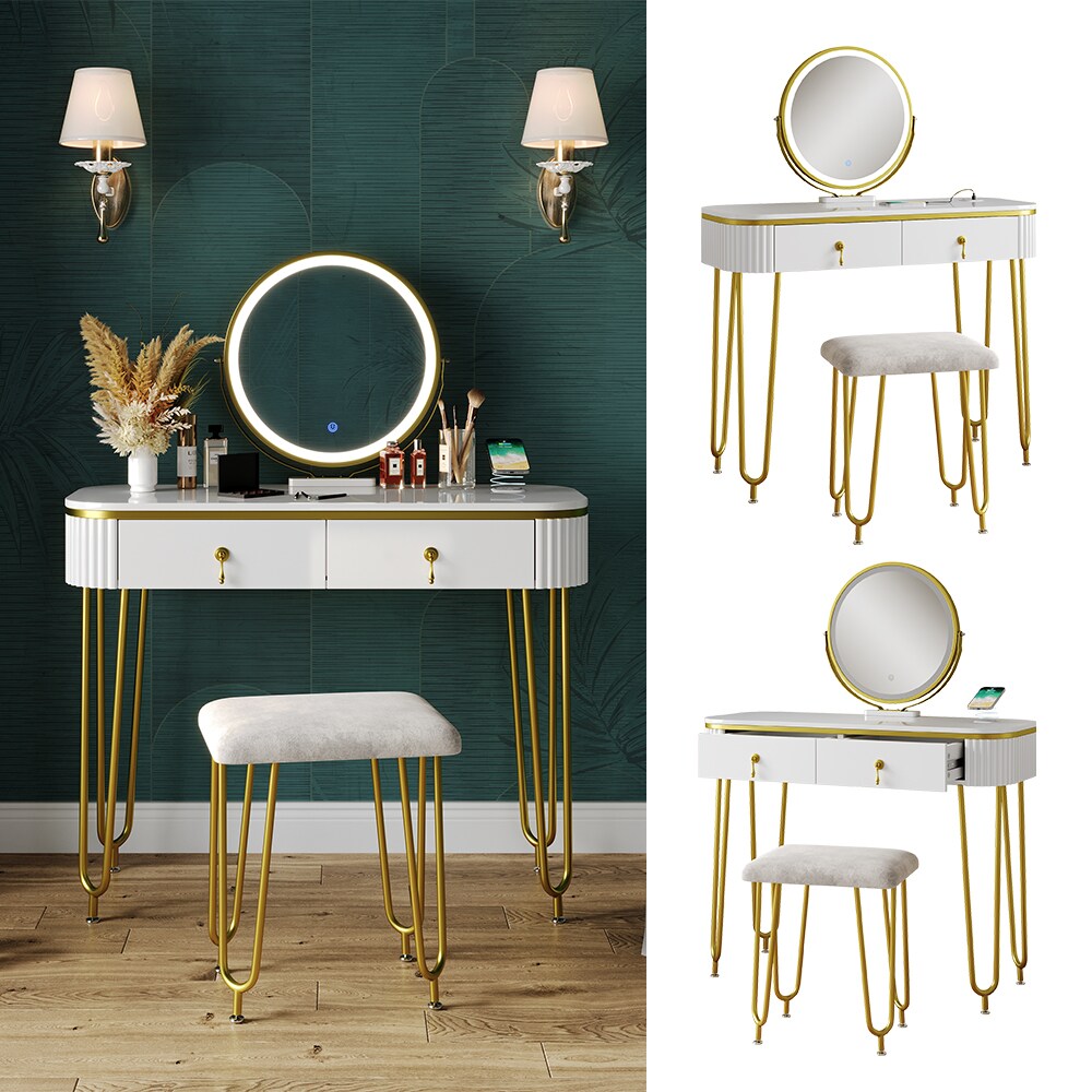 Vicco Schminktisch Grace Weiß 100 cm LED-Spiegel QI-Ladestation Hocker | 04066731411726