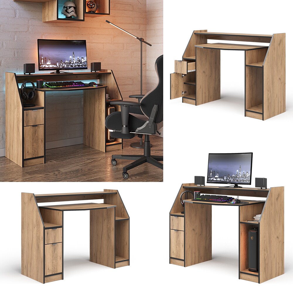 Vicco Computertisch Joel Eiche Schwarz 123 x 45 cm Gamingtisch PC-Tisch Schublade Tür