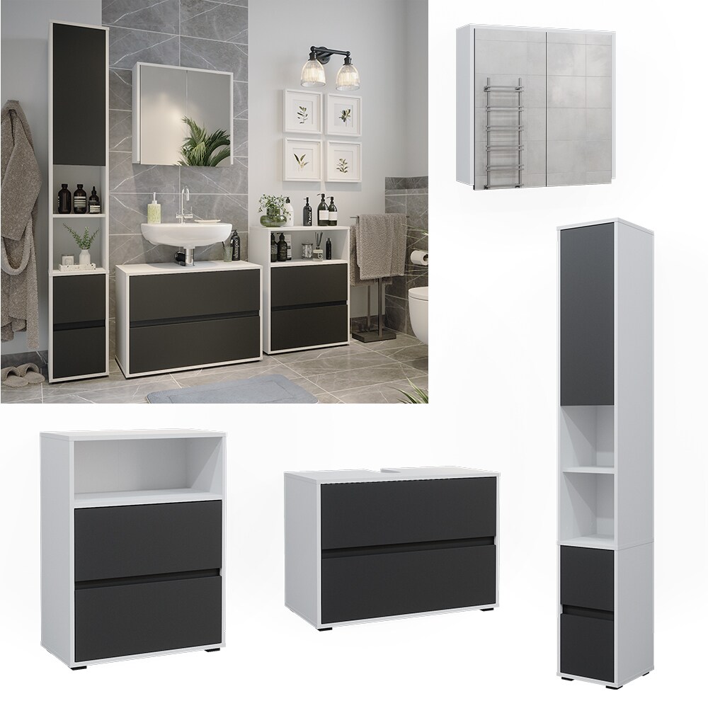 Badmöbel-Set Maltin Weiß Anthrazit modern Waschtischunterschrank Spiegelschrank Midischrank Hochschrank | 04066731360116