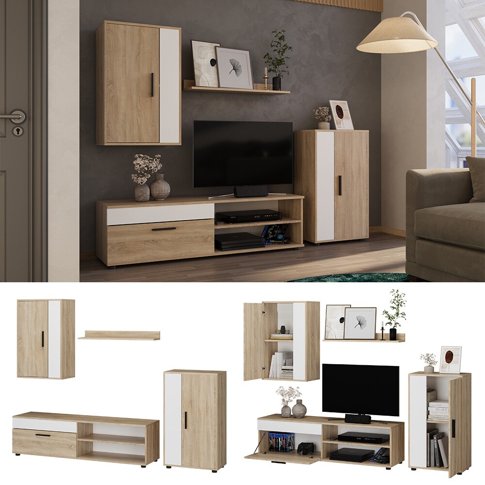 Vicco Wohnwand Berno Sonoma Wei&szlig; Schrankwand 4er-Set Wohnzimmer - Bild 1