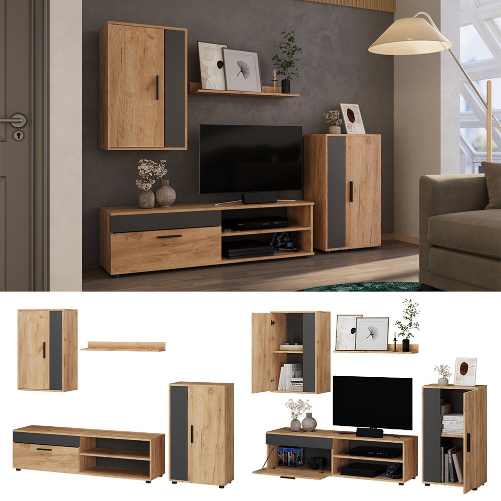 Vicco Wohnwand Berno Eiche Anthrazit Schrankwand 4er-Set Wohnzimmer - Bild 1
