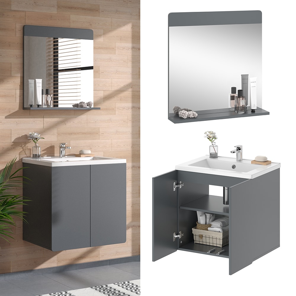 Vicco Badm&ouml;bel-Set Izan Grau modern Waschtischunterschrank Waschbecken Badspiegel - Bild 1